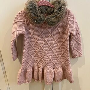Tahari Pink Knit Sweater dress with Faux Fur Collar 6-9m